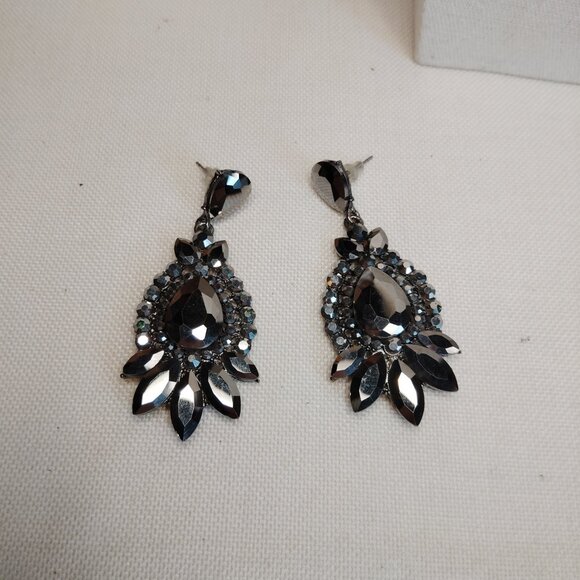 Dark Gray Rhinestone Crystal Chandelier Drop Earrings 3 Inch Statement - Picture 2 of 6